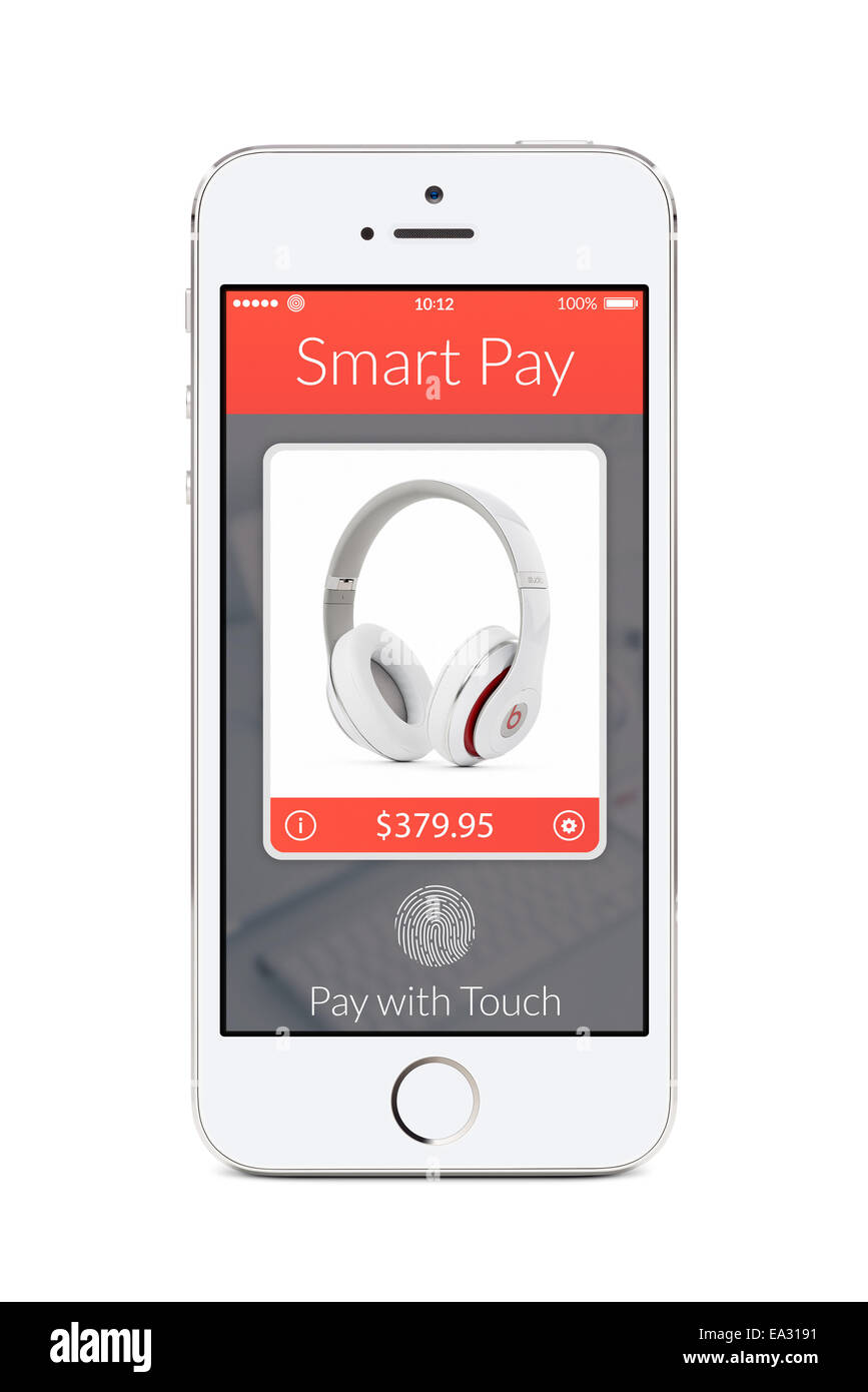 Direkt Vorderansicht des weißen Smartphone mit nfc-smart Pay-Anwendung auf dem Schirm isoliert auf weißem Hintergrund. Das Konzept-o Stockfoto