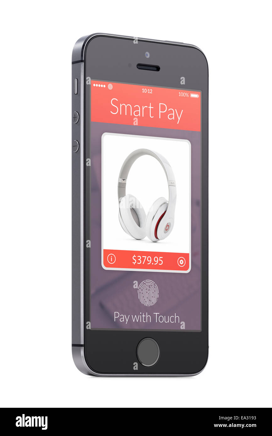 Bottom-up-Sicht auf gedreht auf einen leichten Winkel schwarz moderne mobile Smartphone mit nfc smart Pay app auf dem Bildschirm zu isoliert auf whi Stockfoto