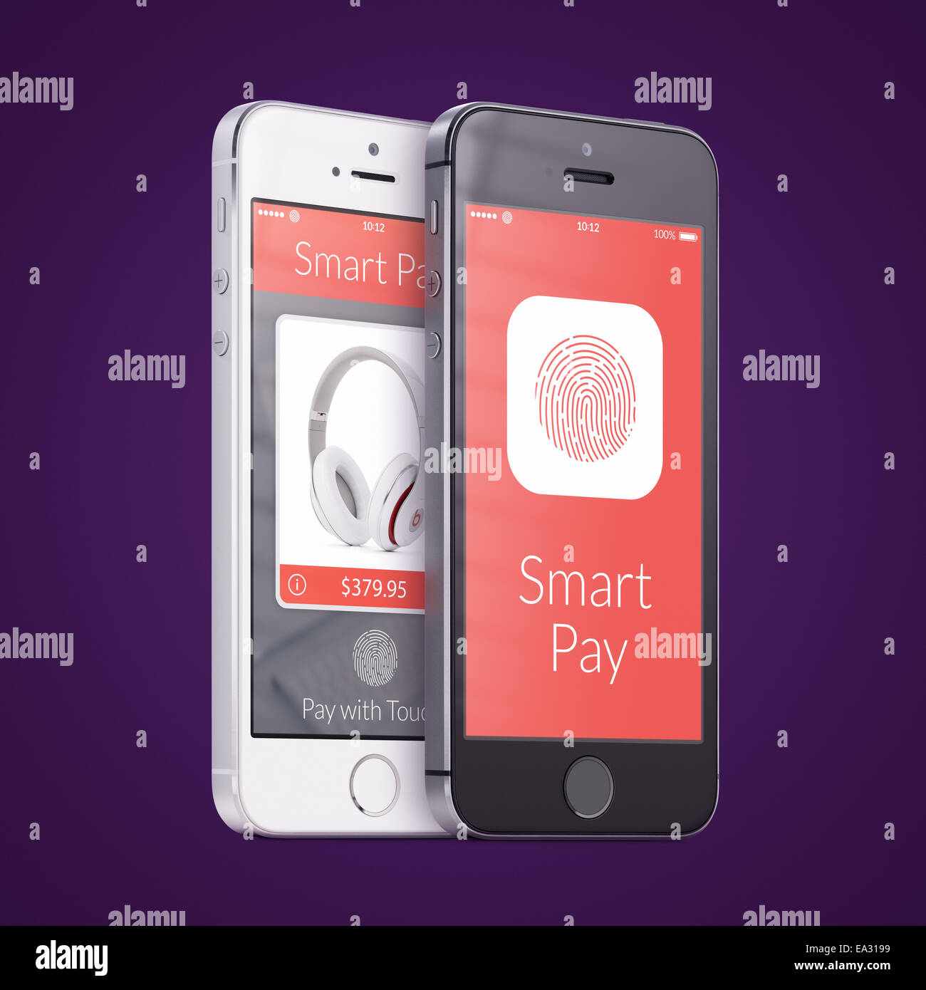 Schwarz / weiß-Smartphones mit NFC-smart Pay-Anwendung auf dem Bildschirm auf lila. Das Konzept des Kaufs der Kopfhörer von fin Stockfoto