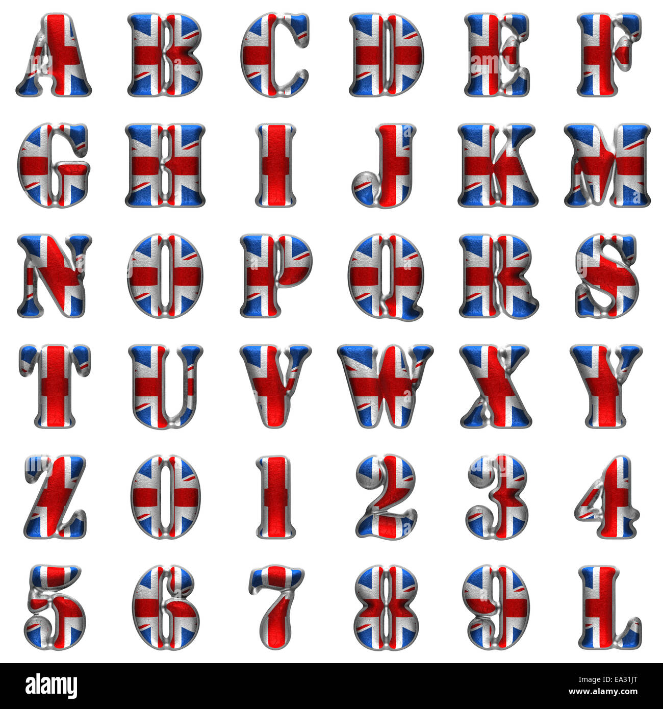 Großbritannien-Alphabet auf weißem Hintergrund Stockfoto