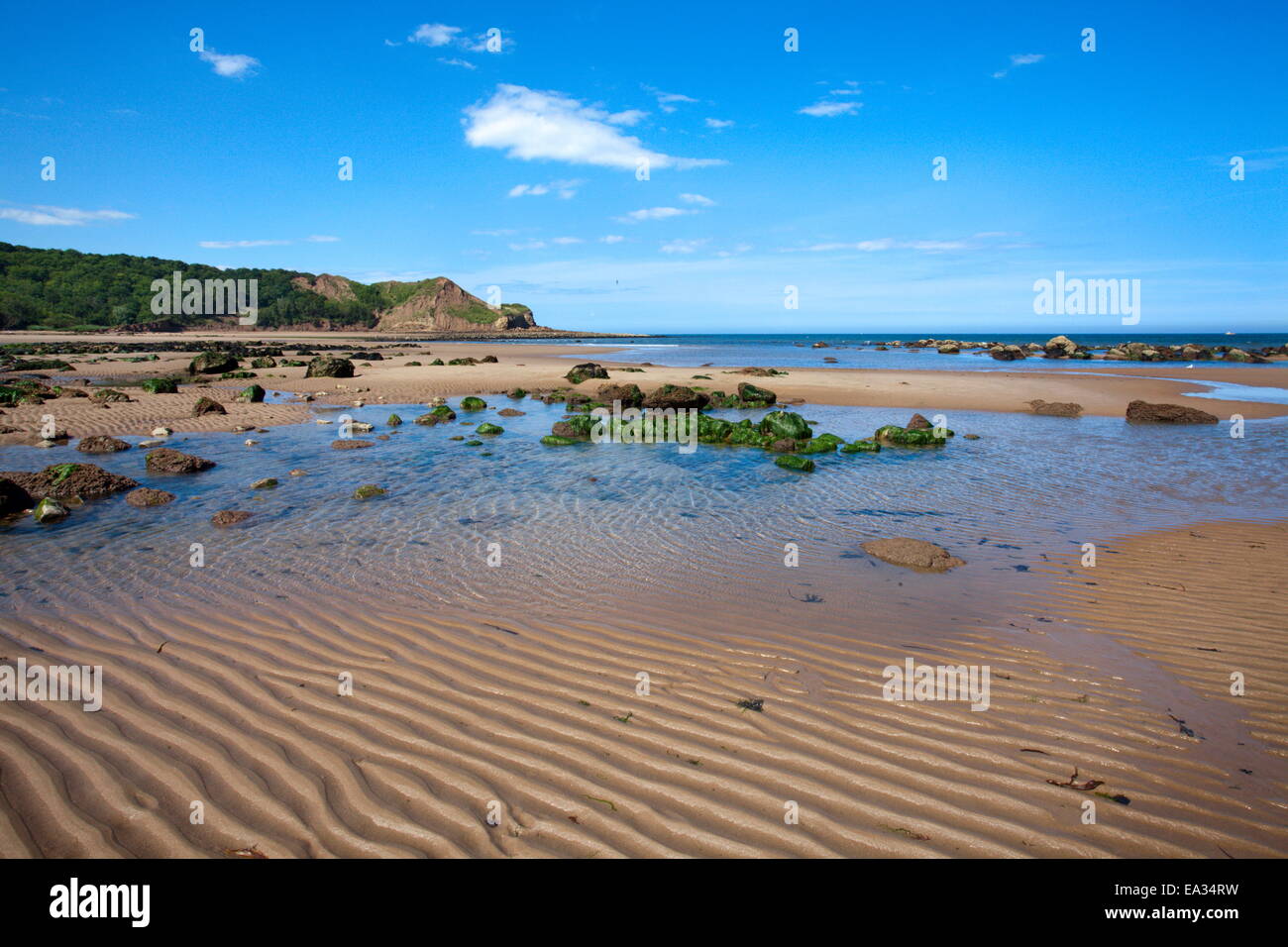 Sand, Wellen und Gezeiten Pool am Osgodby Punkt (Knipe) in Cayton Bay, Scarborough, North Yorkshire, Yorkshire, England, UK Stockfoto