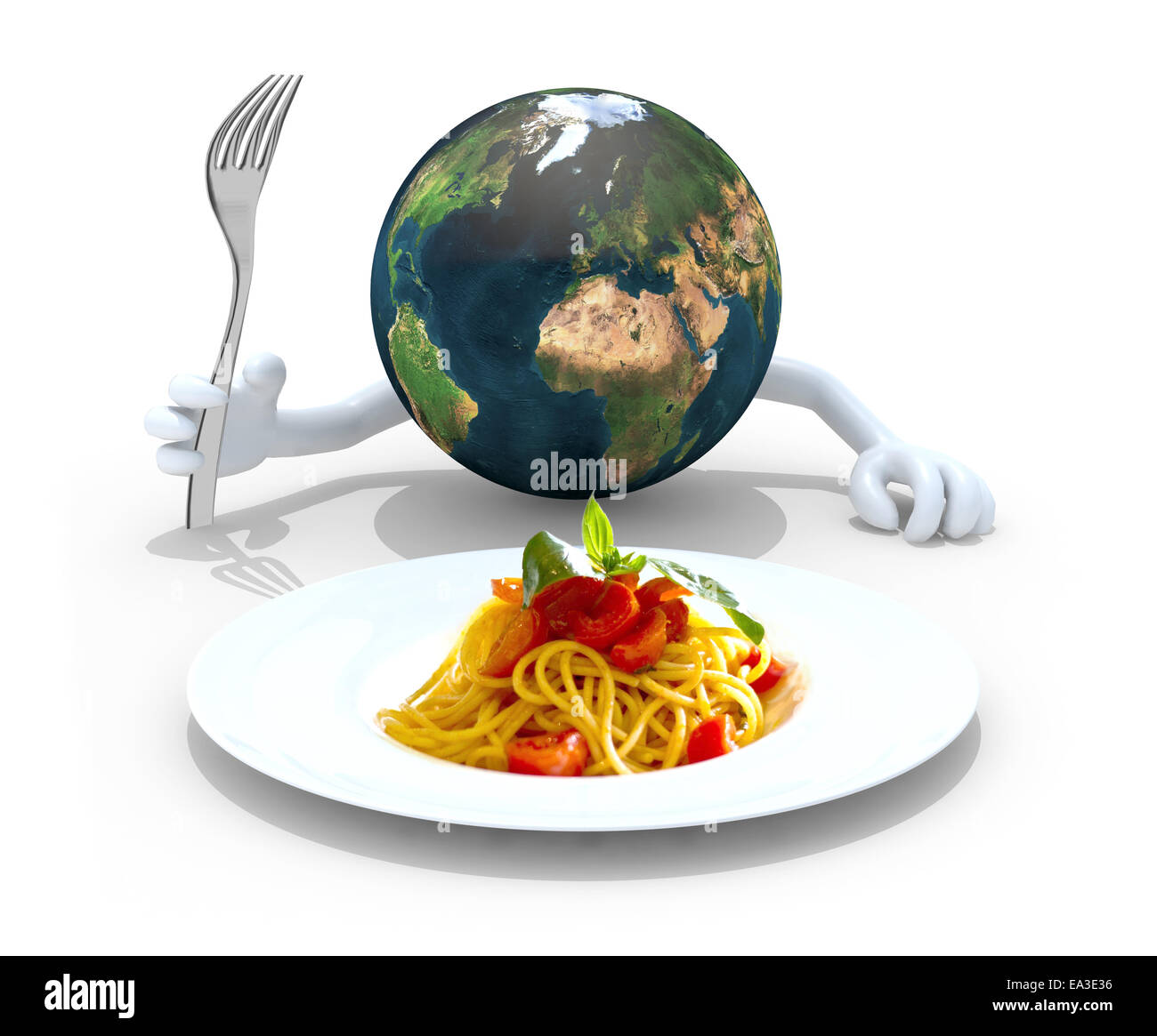 Planetenerde mit Händen und Gabel vor ein Spaghetti-Gericht, 3d illustration Stockfoto