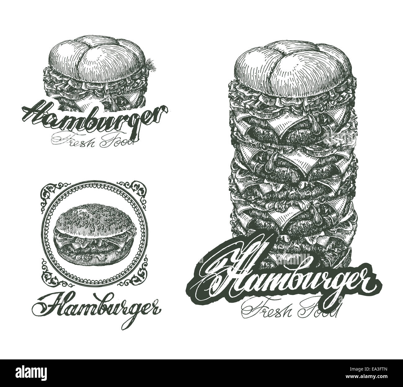 Burger-Symbole, Etiketten, Zeichen, Symbolen und Design-Elemente Stockfoto