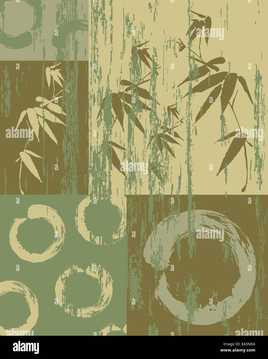 Zen Kreis und Bambus Silhouette über Vintage grün Textur Plakat Hintergrund. Orientalische Kunsthandwerk Patchwork. Stockfoto