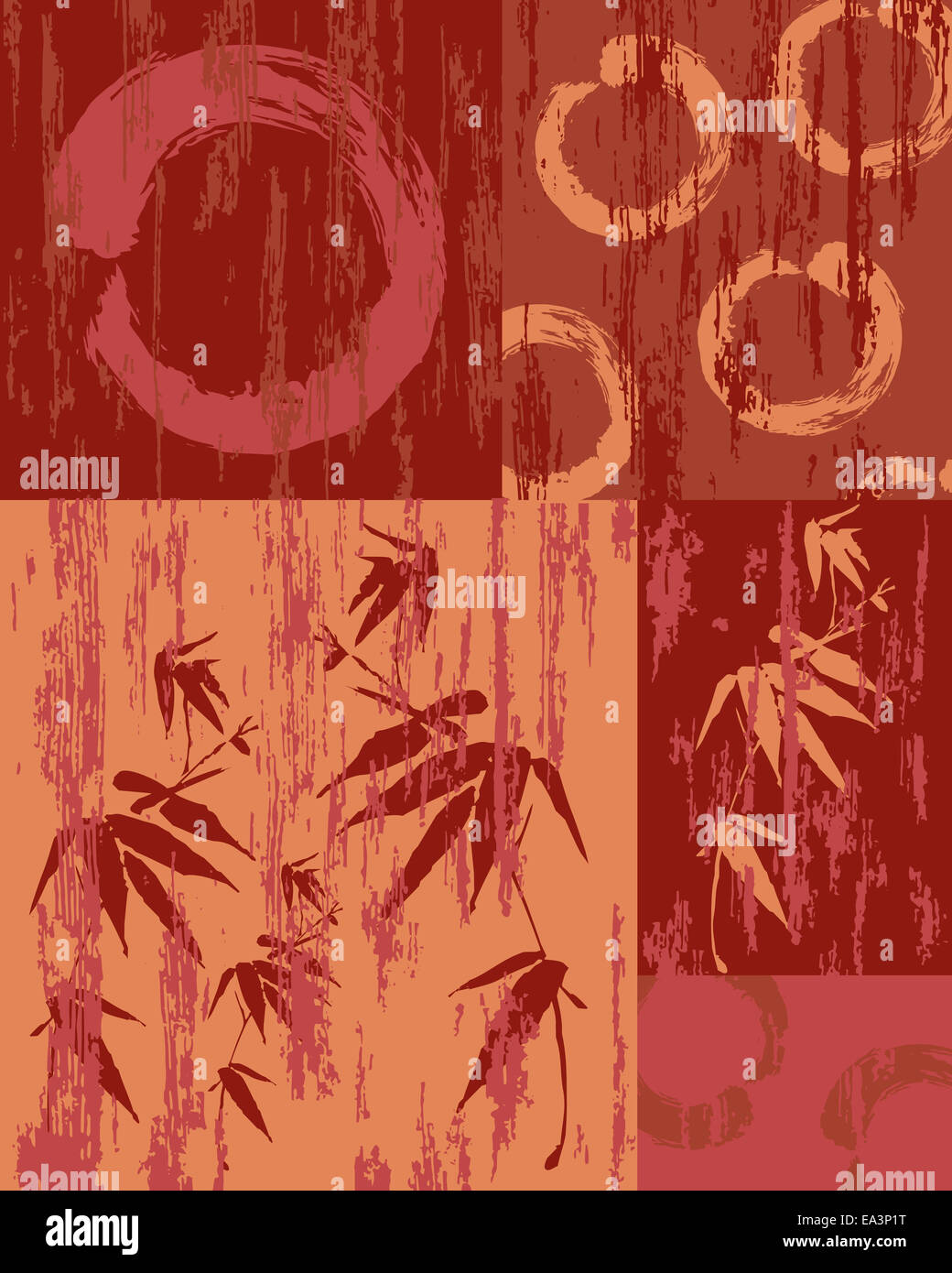 Zen Kreis und Bambus Silhouette über Vintage Holz Patchwork Plakat Hintergrund. Nützlich für dekorative Kunst oder Textile print patte Stockfoto