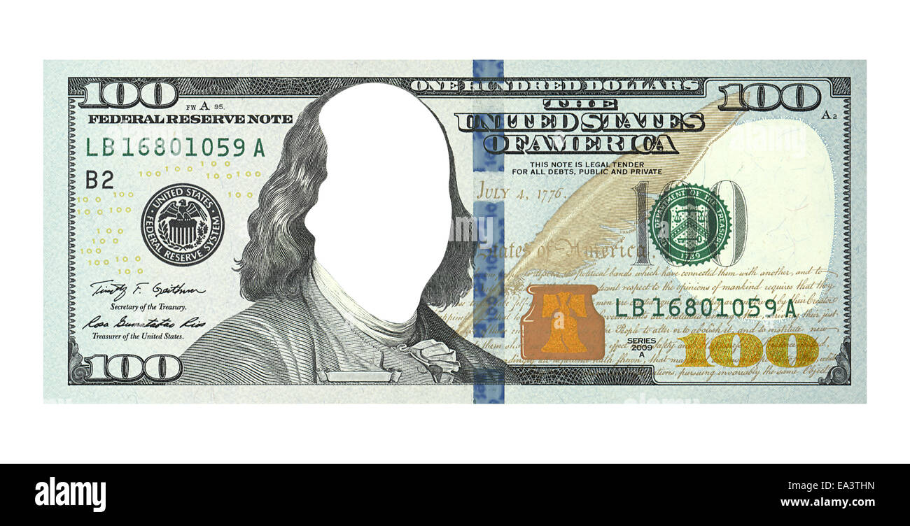 Eine neue hundert Dollar bill mit kein Gesicht, isoliert auf weiss, Clipping-Pfad enthalten Stockfoto
