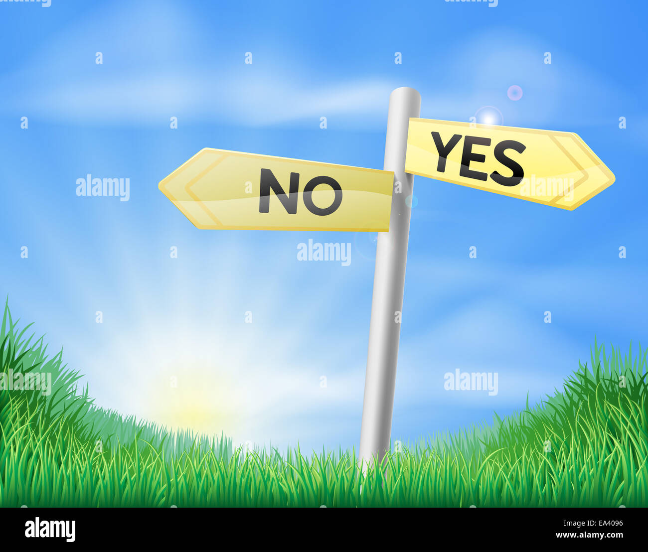 Ja oder Nein Zeichen Zeichen in einem sonnigen grünen Feld üppigen Gras Stockfoto