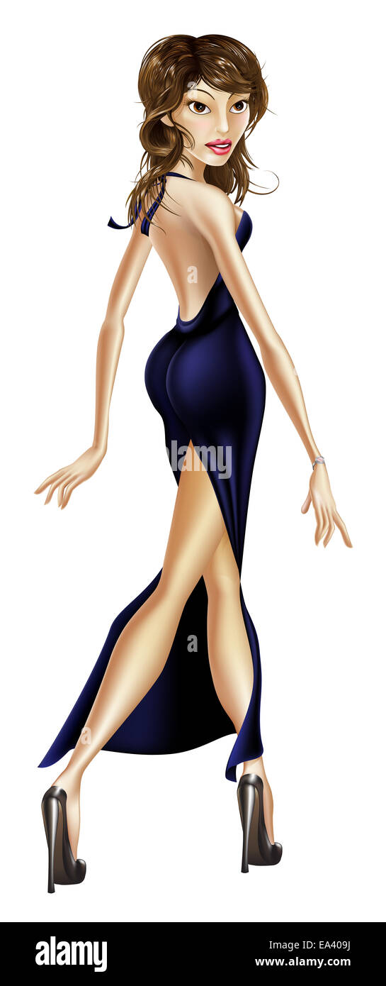 Abbildung einer eleganten glamourösen schöne Promi-Frau in einem langen schwarzen Kleid Stockfoto