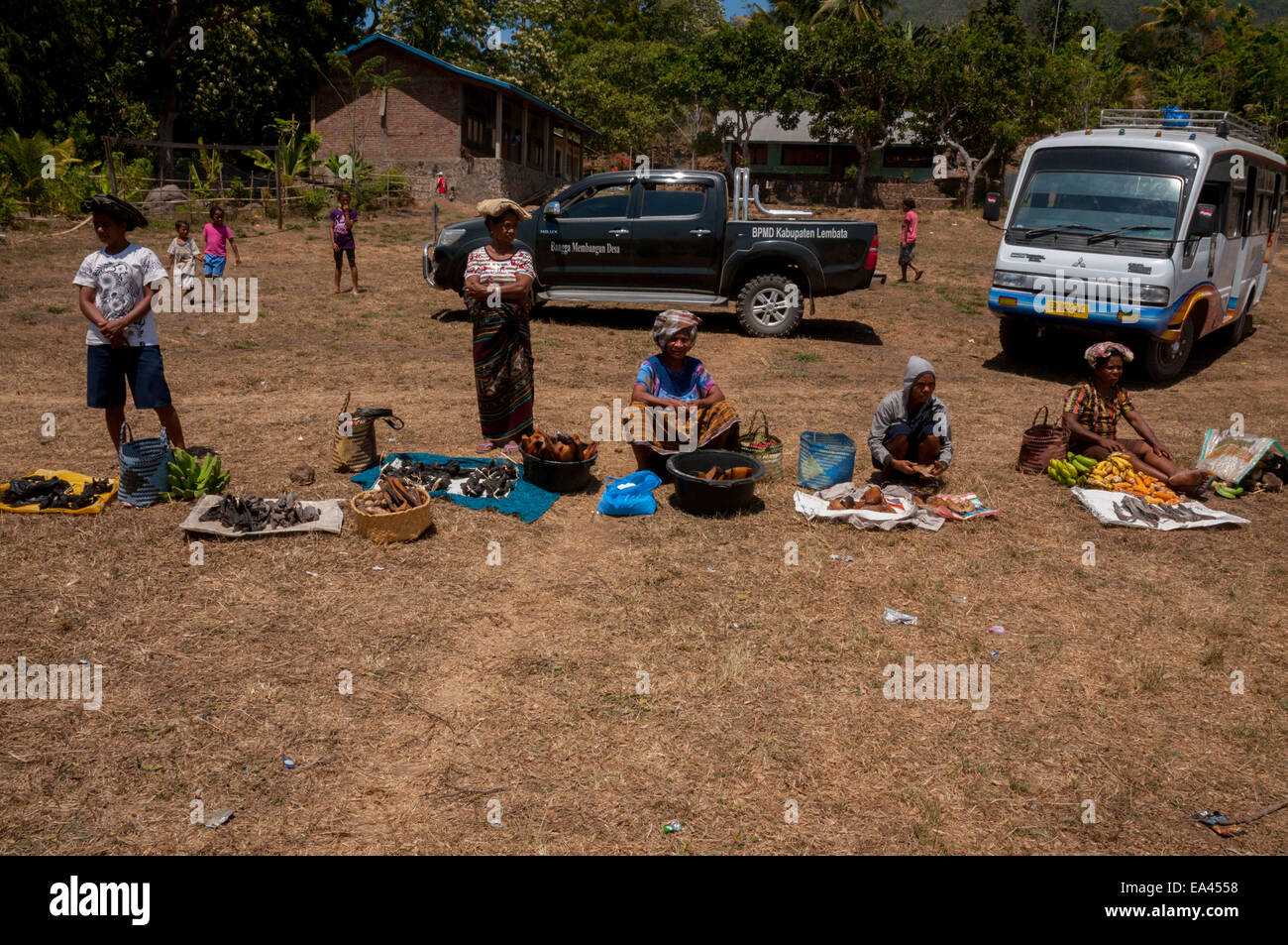 Frauen aus Lamalera beteiligen sich mit ihren getrockneten Wal-Fleisch auf dem Tauschhandel Markt von Wulandoni Dorf, Lembata Island, Indonesien. Stockfoto