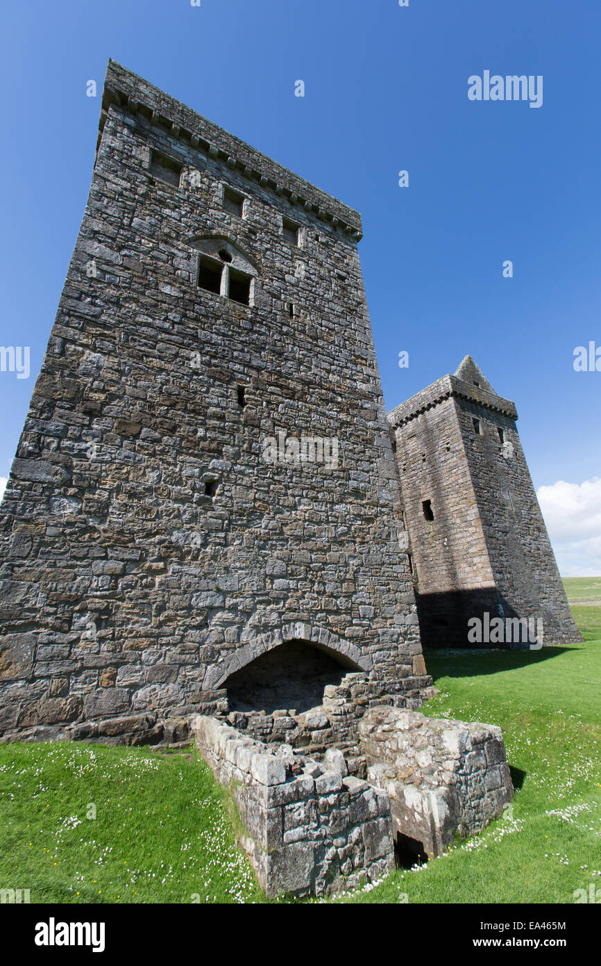 Hermitage Castle, Schottland. Malerische Sommer Blick auf die historischen Ruinen der Hermitage Castle Südfassade. Stockfoto