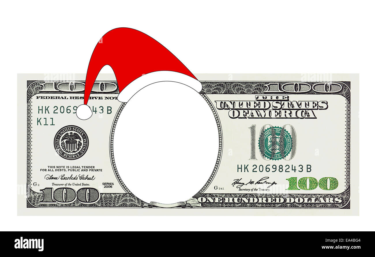 Hundert Dollar bill mit kein Gesicht in Weihnachten Weihnachtsmütze isoliert auf weiss, Clipping-Pfad enthalten Stockfoto