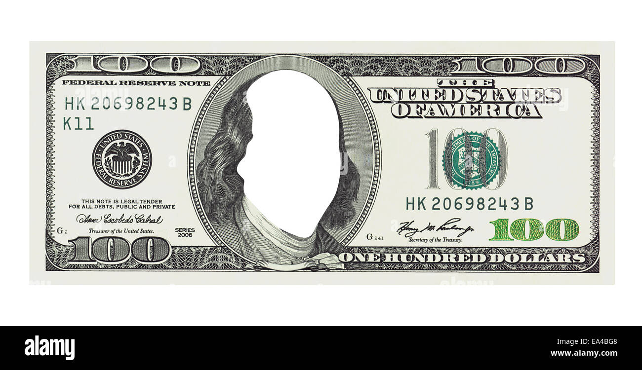 Hundert Dollar bill mit kein Gesicht, isoliert auf weiss, Clipping-Pfad enthalten Stockfoto