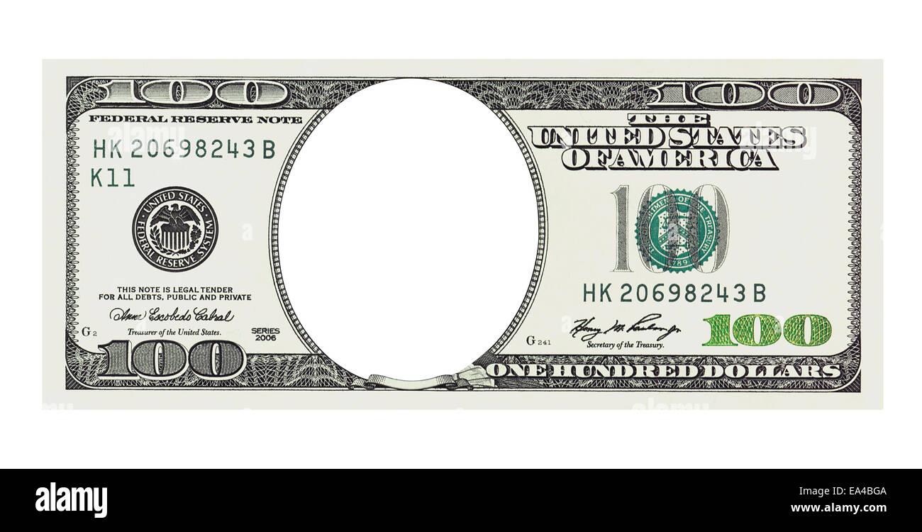 Hundert Dollar bill mit kein Gesicht, isoliert auf weiss, Clipping-Pfad enthalten Stockfoto
