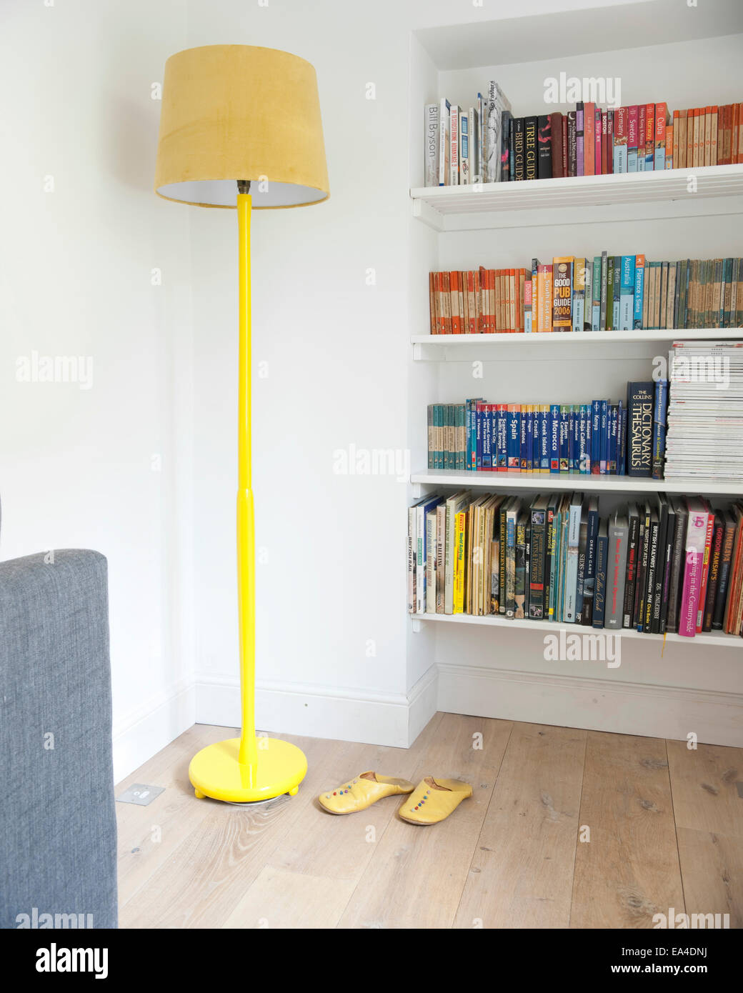 Bücherregal und Stehlampe im Wohnzimmer, Ferienhaus Interieur, UK. Stockfoto