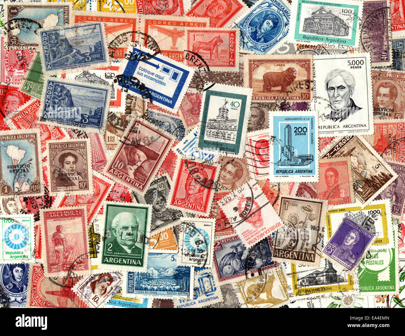 Hintergrund der alten Briefmarken herausgegeben in Argentinien Stockfoto