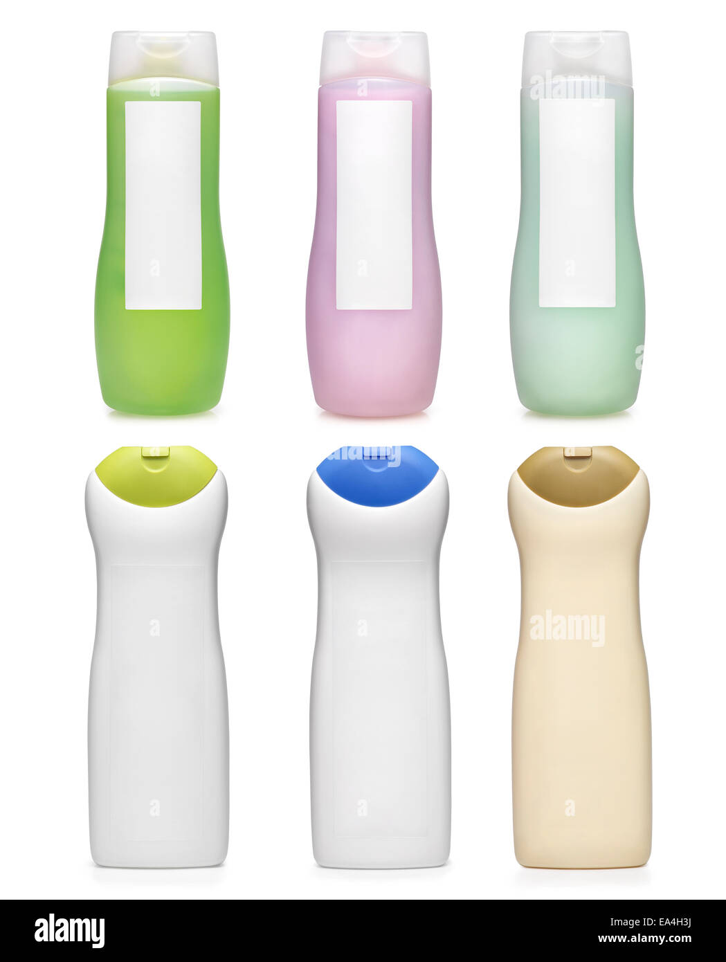 Sechs Kunststoffbehälter Shampoo oder Bad gel mit leeren Etiketten. Clipping-Pfad Stockfoto
