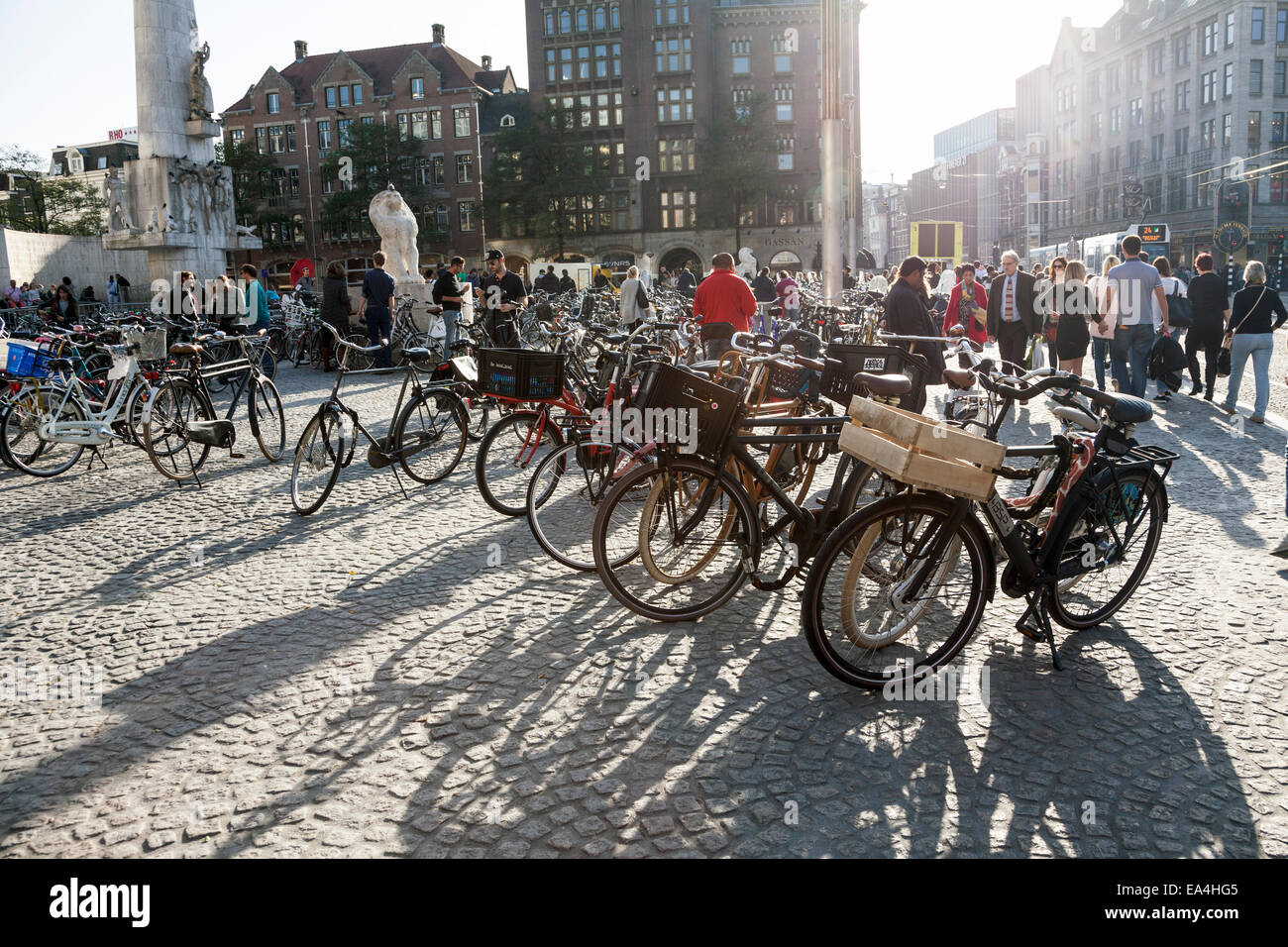 Fahrräder geparkt in Dam Square, Amsterdam Stockfoto