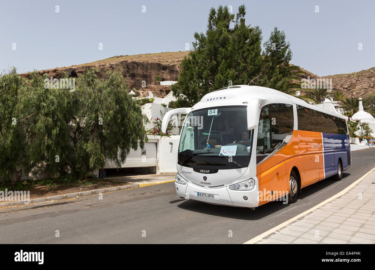 Reisebus unterwegs, Oasis de Nazaret, Lanzarote, Kanarische Inseln, Spanien Stockfoto