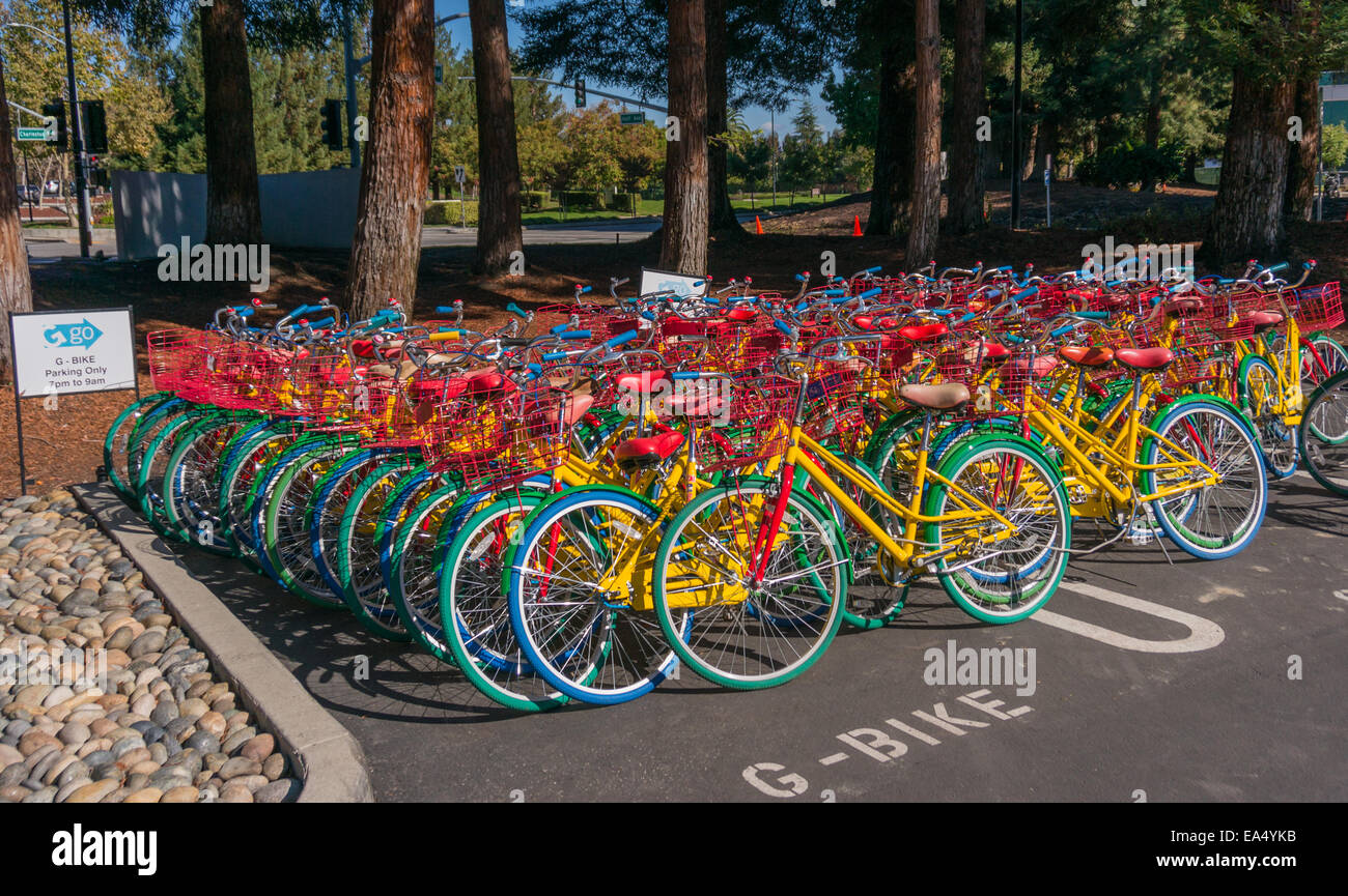 Google-Bikes in Google-Campus. Stockfoto