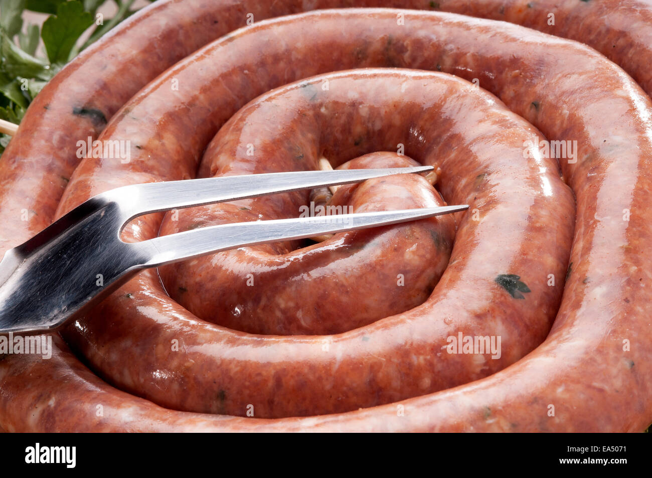 Typische sizilianische Wurst aus Schweinefleisch, gewürzt mit Petersilie, Sesam und Paprika Stockfoto