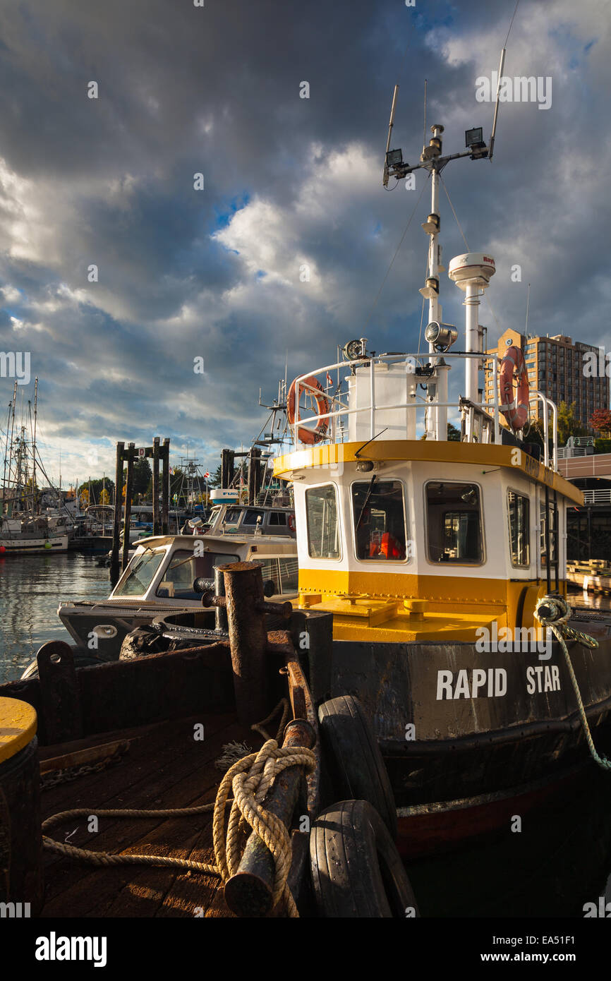 Log-Boom Sortierung Boote angedockt in Nanaimo, British Columbia. Stockfoto