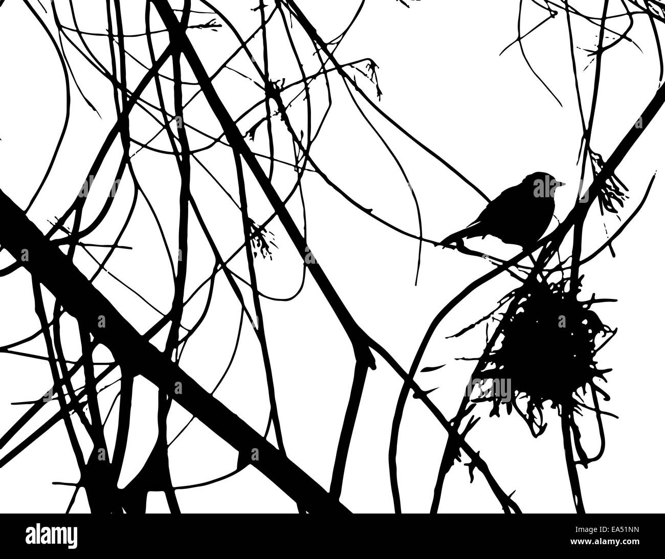 Realistische Darstellung eines schwarzen und weißen Vogels mit einem Nest in einem Baum Stockfoto