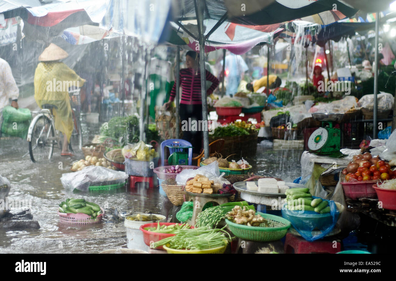 Kann Mao Markt während der schweren Monsun-Regen, kann Mao, Mekong-Delta, Vietnam Stockfoto