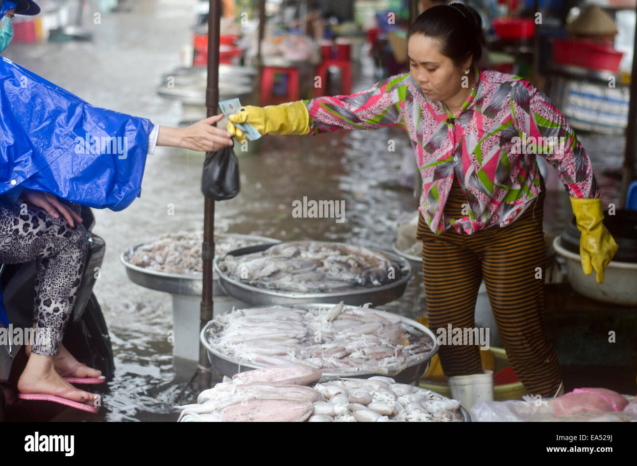 Kann Mao Markt während der schweren Monsun-Regen, kann Mao, Mekong-Delta, Vietnam Stockfoto
