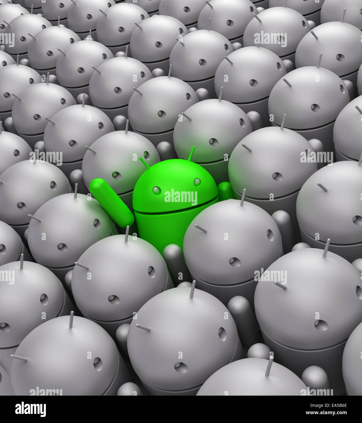 Grüne android Roboter in der Mitte der grauen Masse Stockfoto