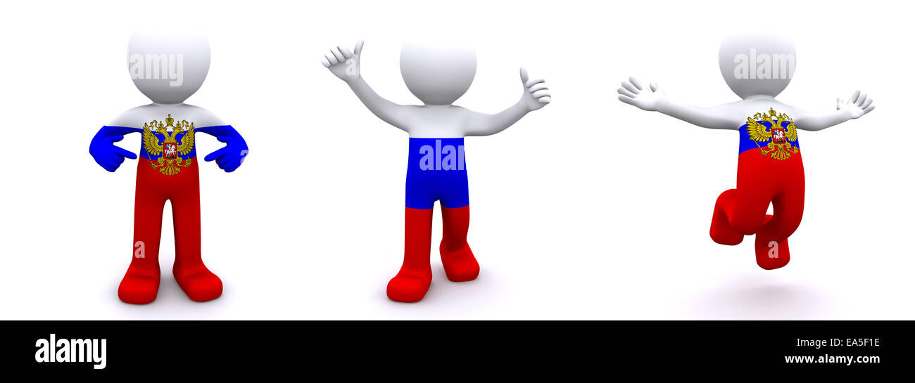 3D Charakter texturiert mit Flagge von Russland isoliert auf weißem Hintergrund Stockfoto