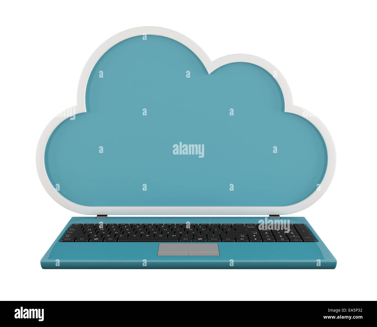 Mit einer Wolke statt des Bildschirms, isoliert auf weiss - blauen Laptop 3D-Rendering Stockfoto