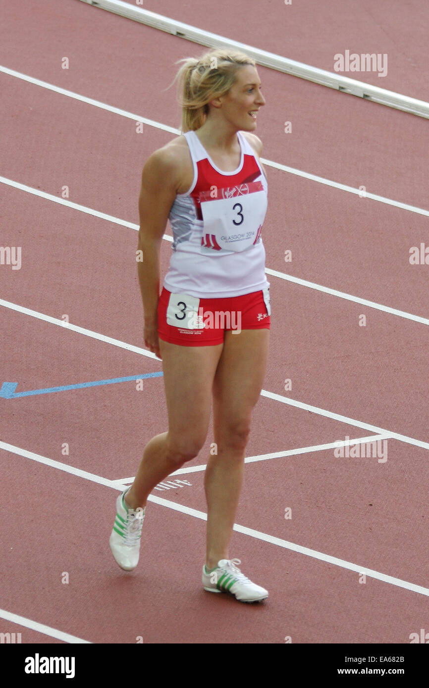 Jessica TAYLOR von England in den Frauen Siebenkampf 800 m die Commonwealth-Spiele 2014 im Hampden Park, Glasgow. Sie gewann Bronze im Siebenkampf. Stockfoto