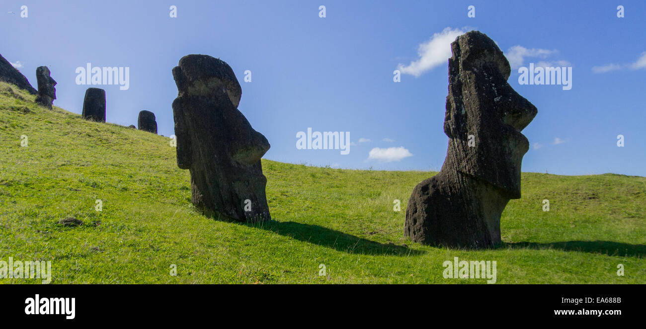 Moais, die berühmten Steinköpfe auf Rapa Nui der Insel häufiger bekannt als Osterinseln Stockfoto