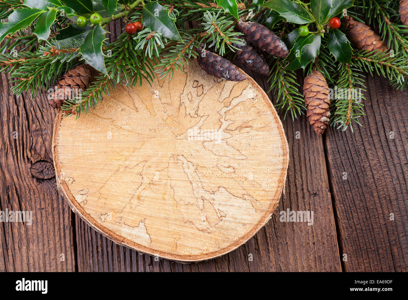 Vintage Holz-Hintergrund mit Tannenzweig und Baumring Stockfoto