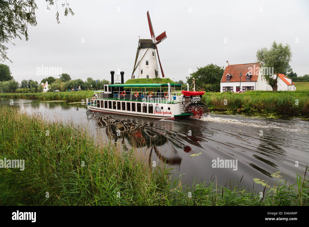 Die Lamme Goedzak Tretboot in der Nähe der Windmühle Schellemolen neben dem Kanal Damse Vaart, Damme, Belgien. Stockfoto