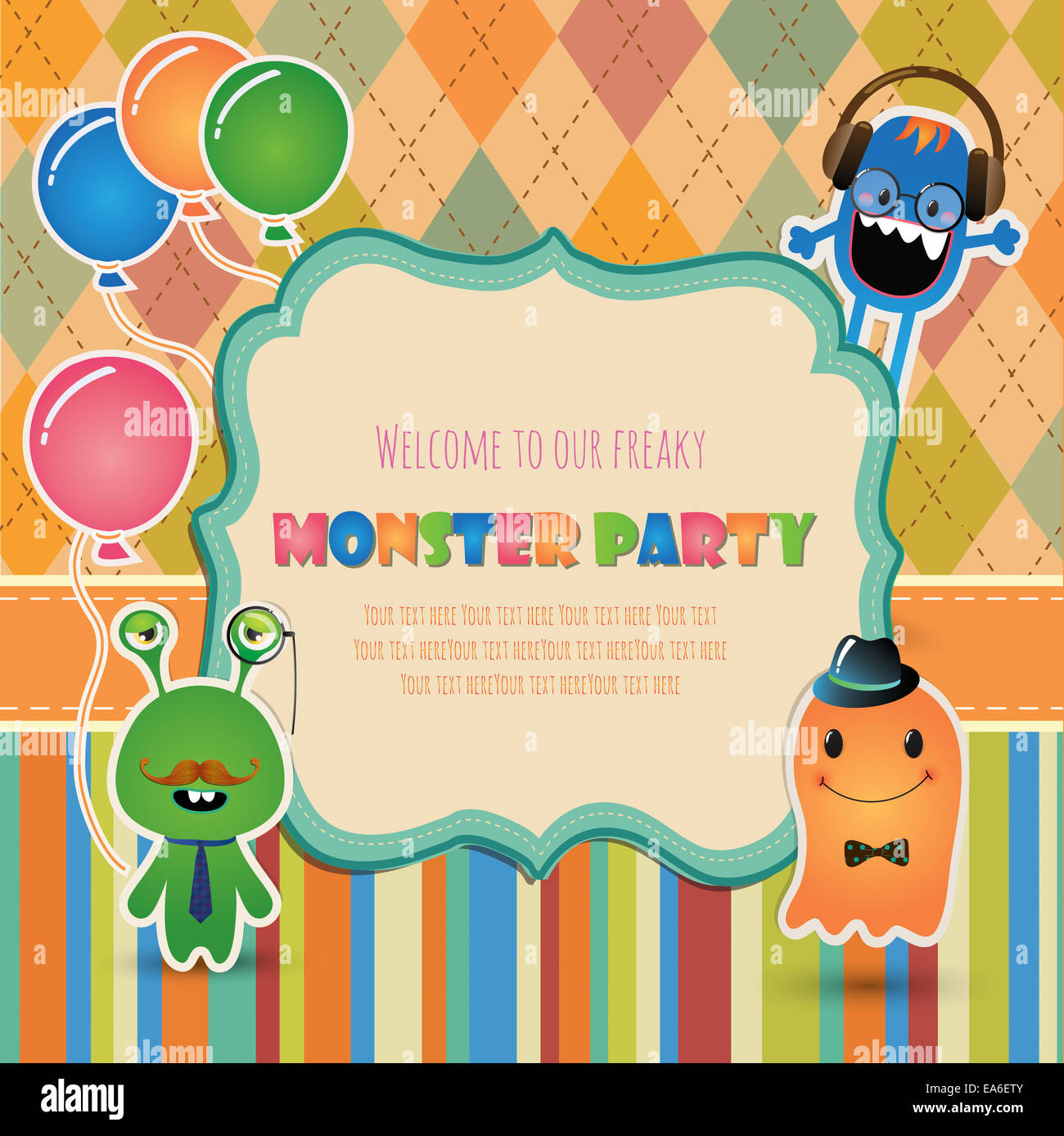 Monster Party Einladung Kartendesign Stockfoto