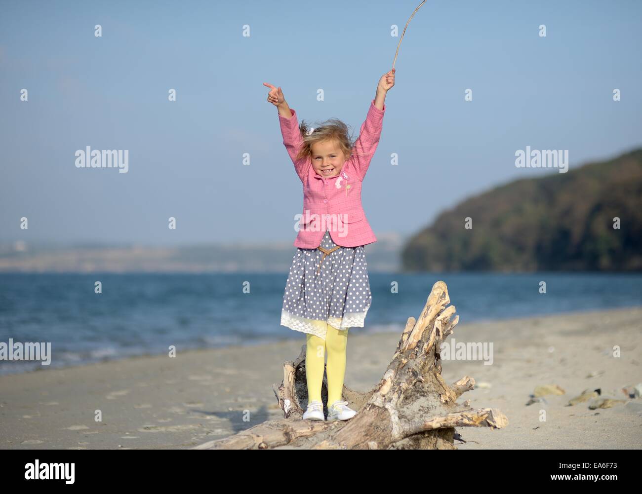 Mädchen (2-3) steht auf Treibholz am Strand Stockfoto