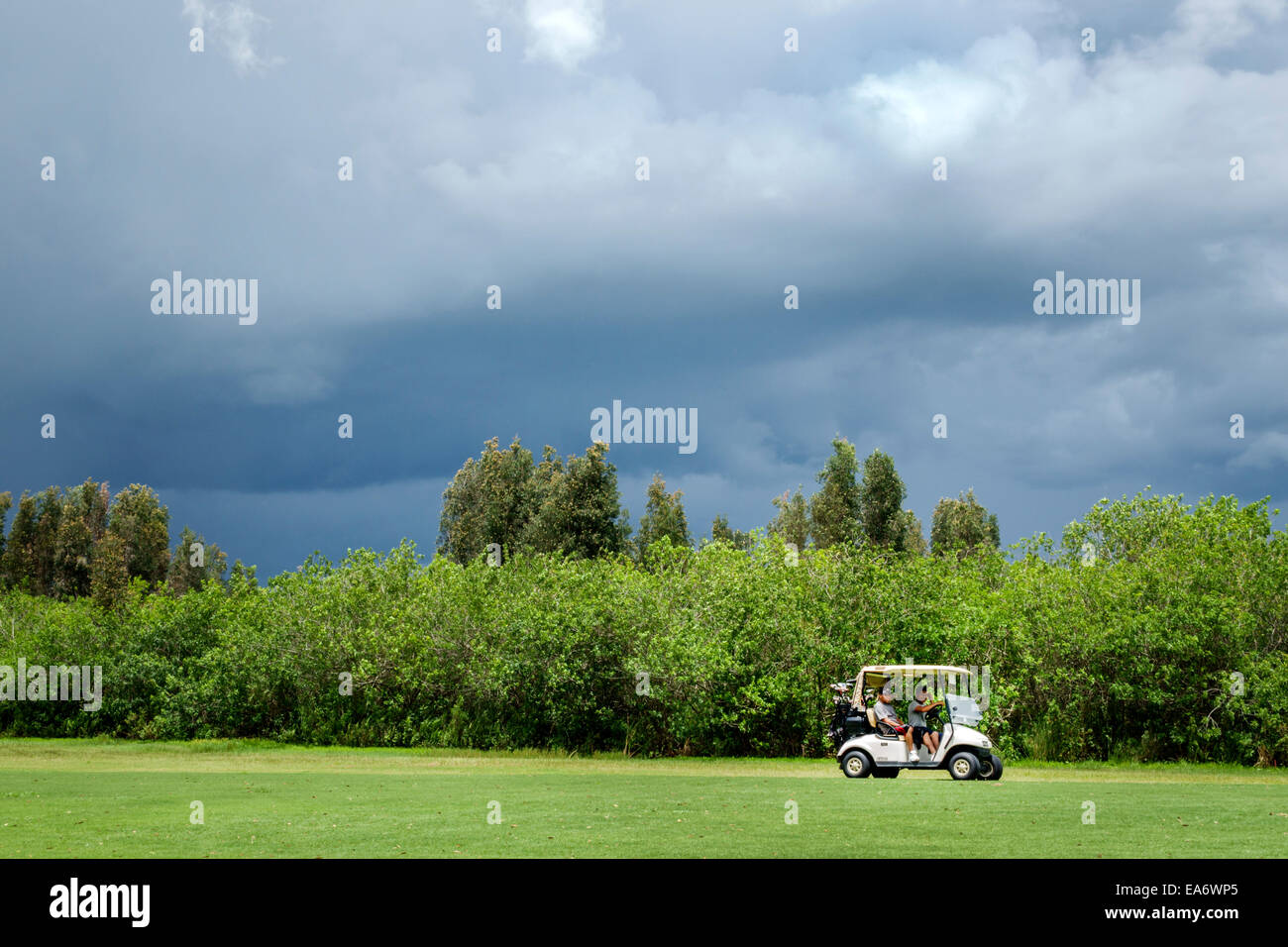 Indiantown Florida, Indianwood Golf & Country Club, herannahender Sturm, bedrohlich, Mann Männer männlich, Golfer, elektrischer Wagen, FL140803096 Stockfoto
