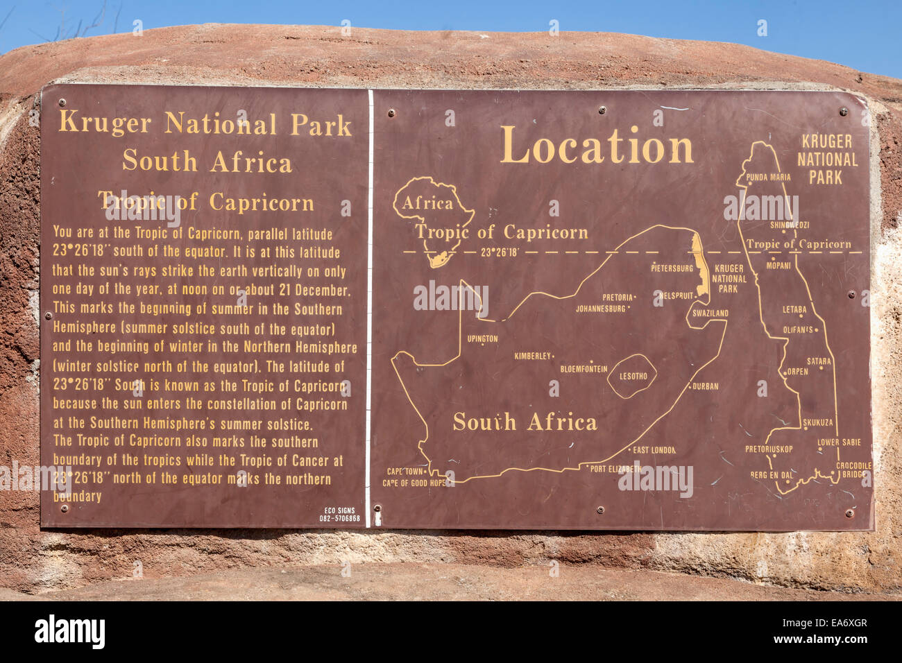 Wendekreis des Steinbocks Zeichen, Krüger Nationalpark, Südafrika Stockfoto