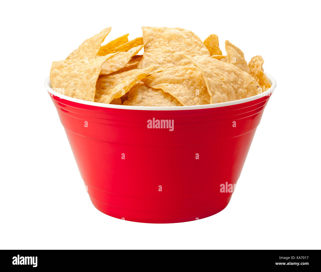 Tortilla-chips in einer roten Kunststoff Partei Schüssel. Stockfoto