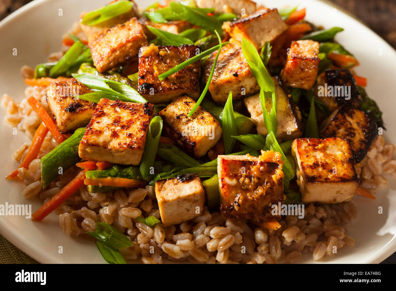 Hausgemachten Tofu unter Rühren braten mit Gemüse und Reis Stockfoto