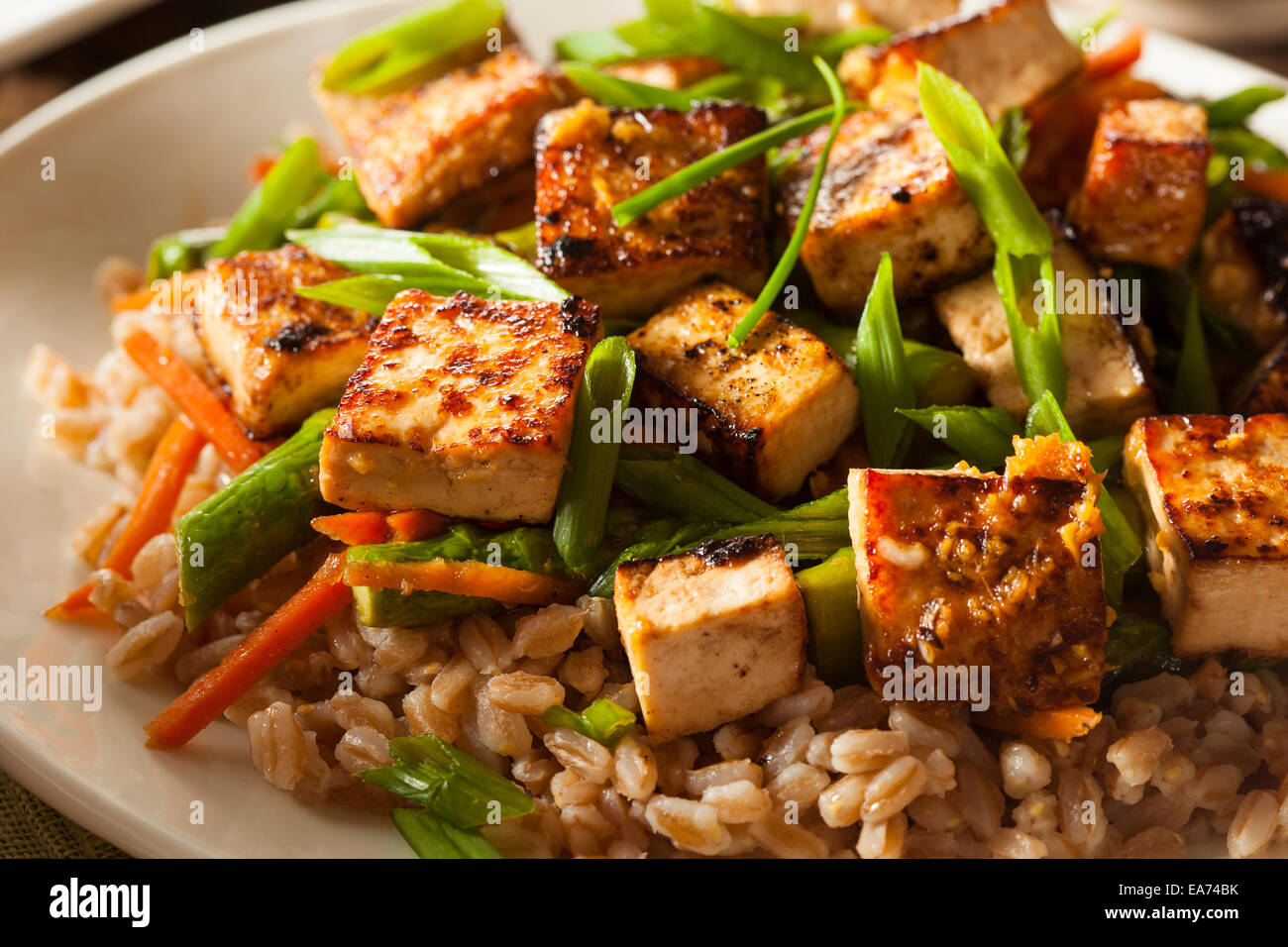 Hausgemachten Tofu unter Rühren braten mit Gemüse und Reis Stockfoto