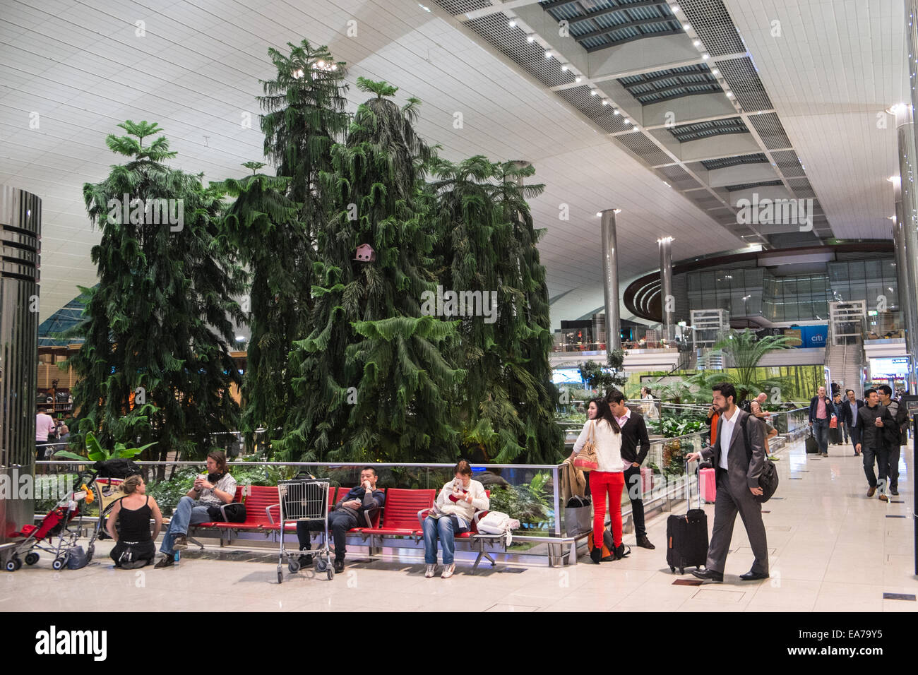 Innere des Flughafen-terminal-Gebäude am Dubai International Airport, Flughafen Dubai, Vereinigte Arabische Emirate, VAE, Naher Osten. Stockfoto