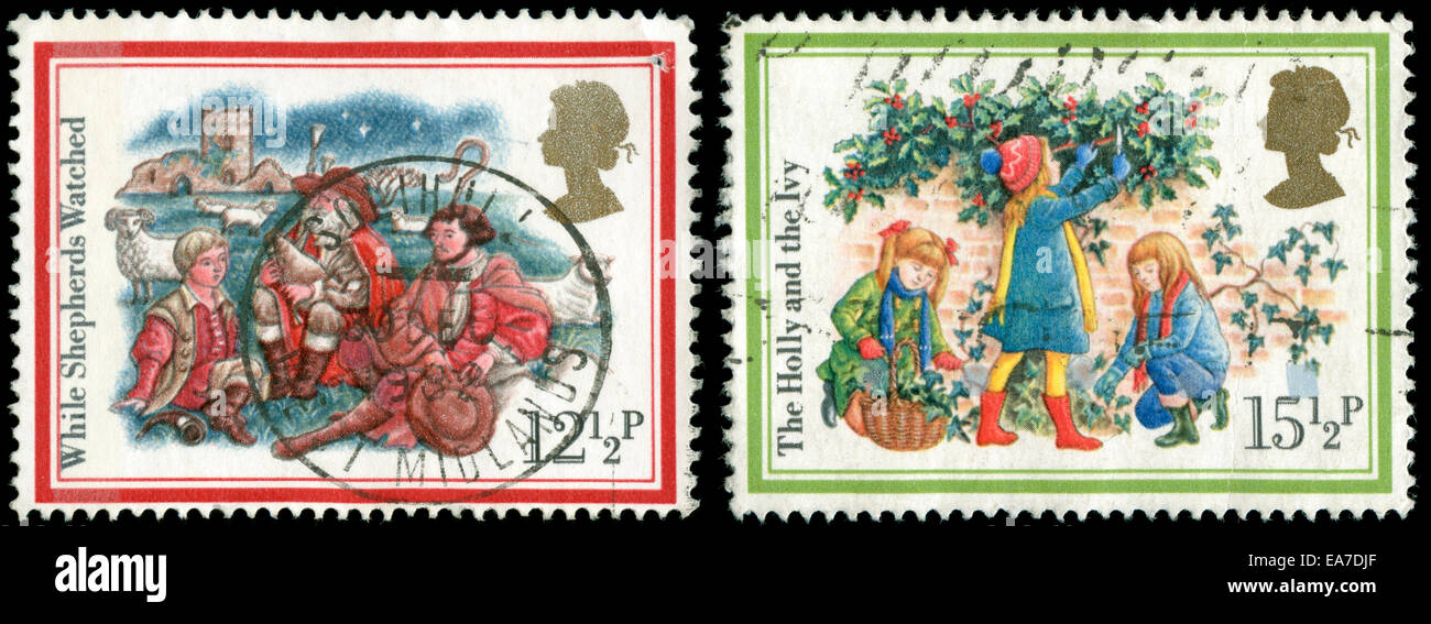 Poststempel Stempel aus dem Vereinigten Königreich und Nordirland in der Weihnachtszeit 1982 Serie Stockfoto