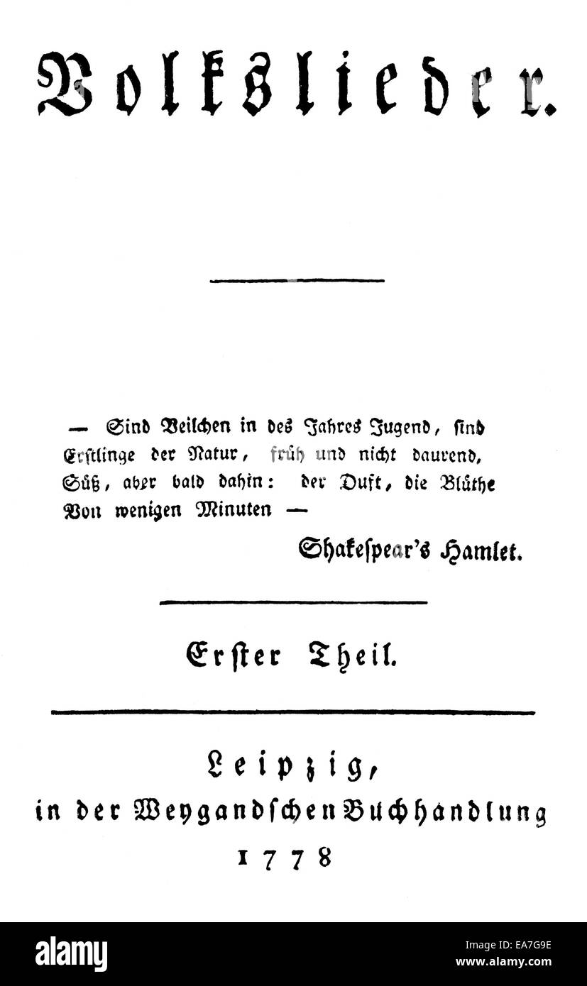 Historischen drucken, 1773, Titelblatt von Johann Gottfried von Herder, 1744-1803, deutscher Dichter, Übersetzer, Theologe und philosop Stockfoto