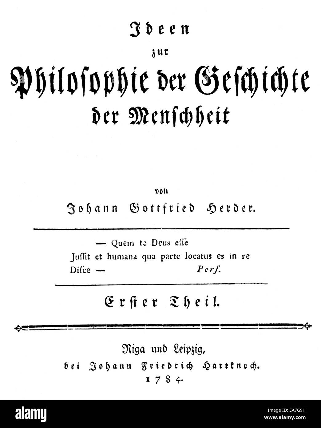 Historischen drucken, 1773, Deckblatt der Ideen von Johann Gottfried von Herder, 1744-1803, ein deutscher Dichter, Übersetzer, Theologe und Stockfoto