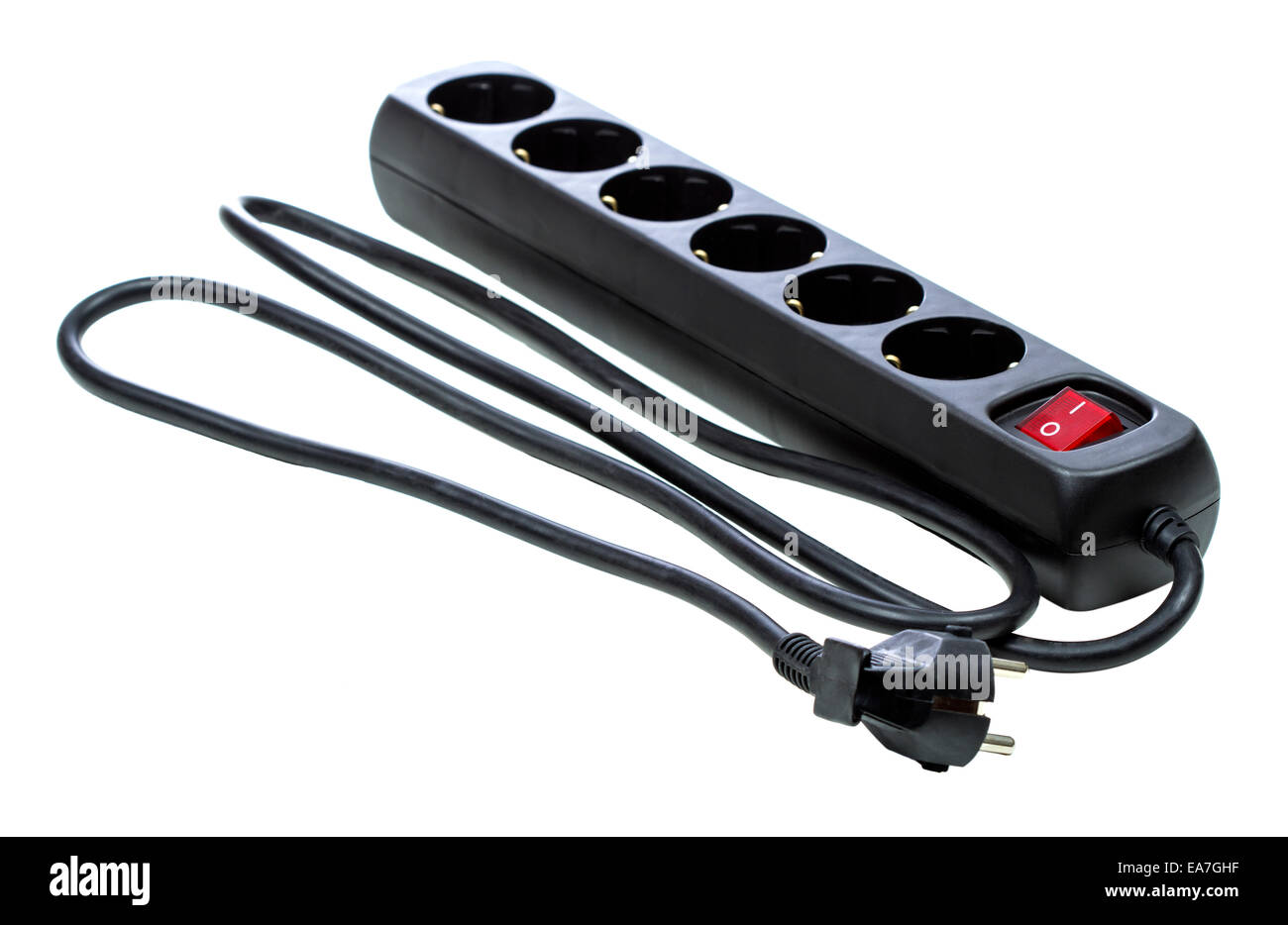 Black Power Surge isoliert auf weißem Hintergrund Stockfoto