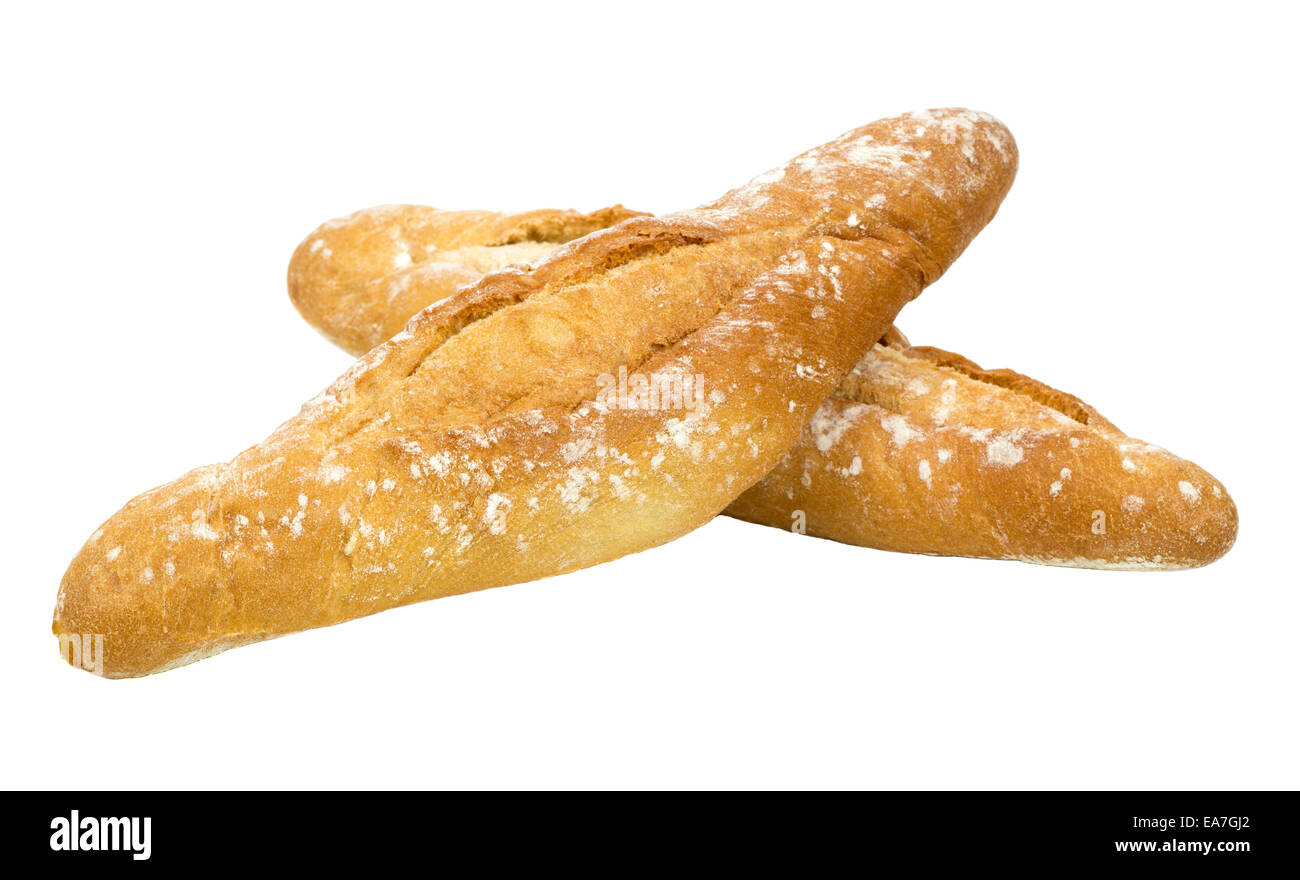 Zwei goldene Brote isoliert auf weißem Hintergrund Stockfoto