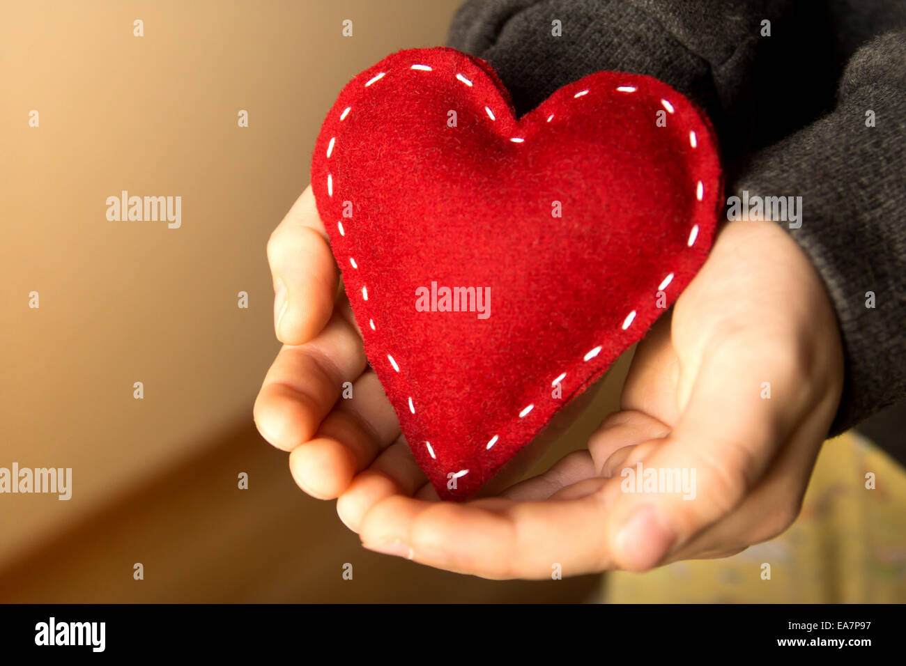 Rotes Herz in Kinderhände, Geschenk, handgemacht Valentine, Nahaufnahme, horizontale Stockfoto