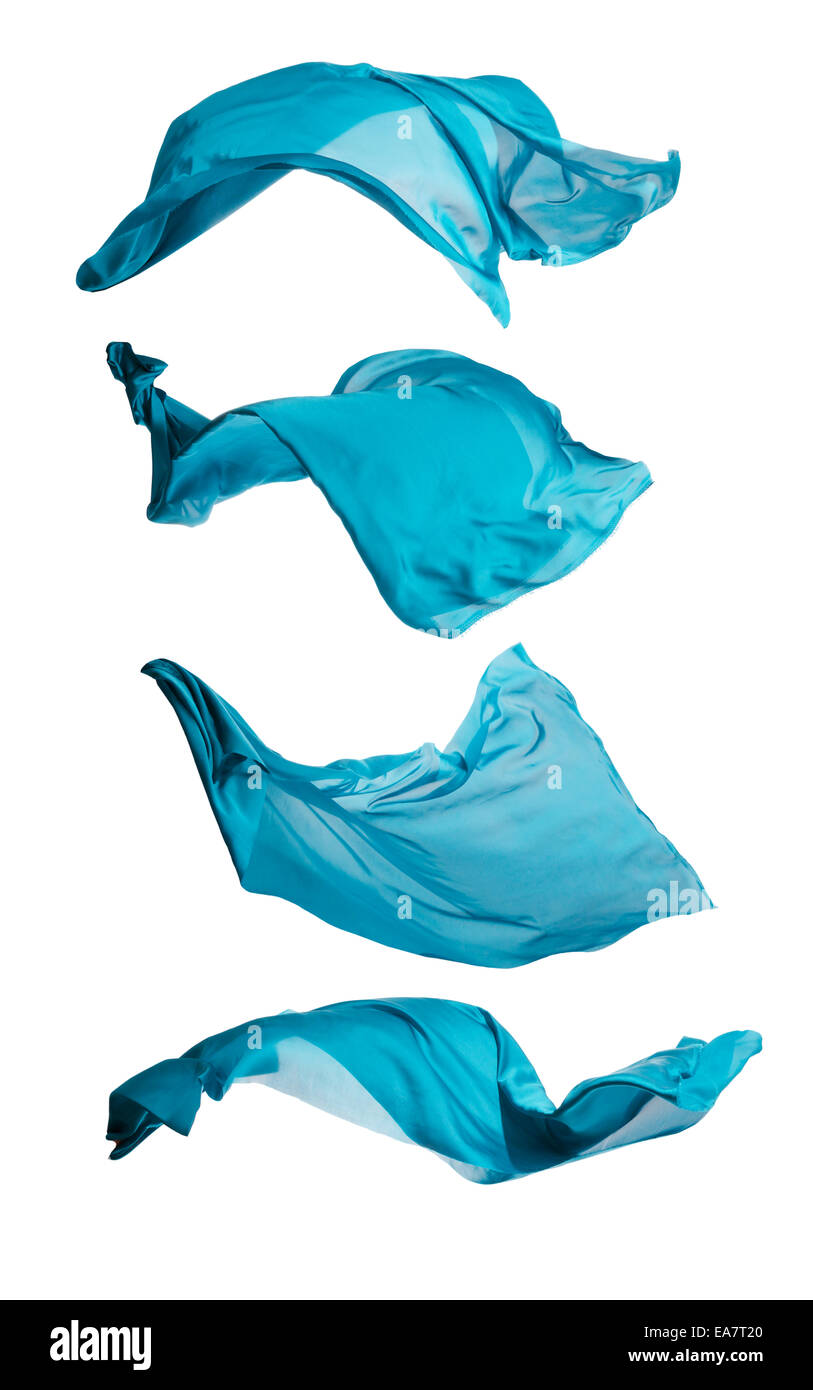 Vereinzelte Aufnahmen von frieren Bewegung der transparente blaue Seide, isoliert auf weißem Hintergrund Stockfoto